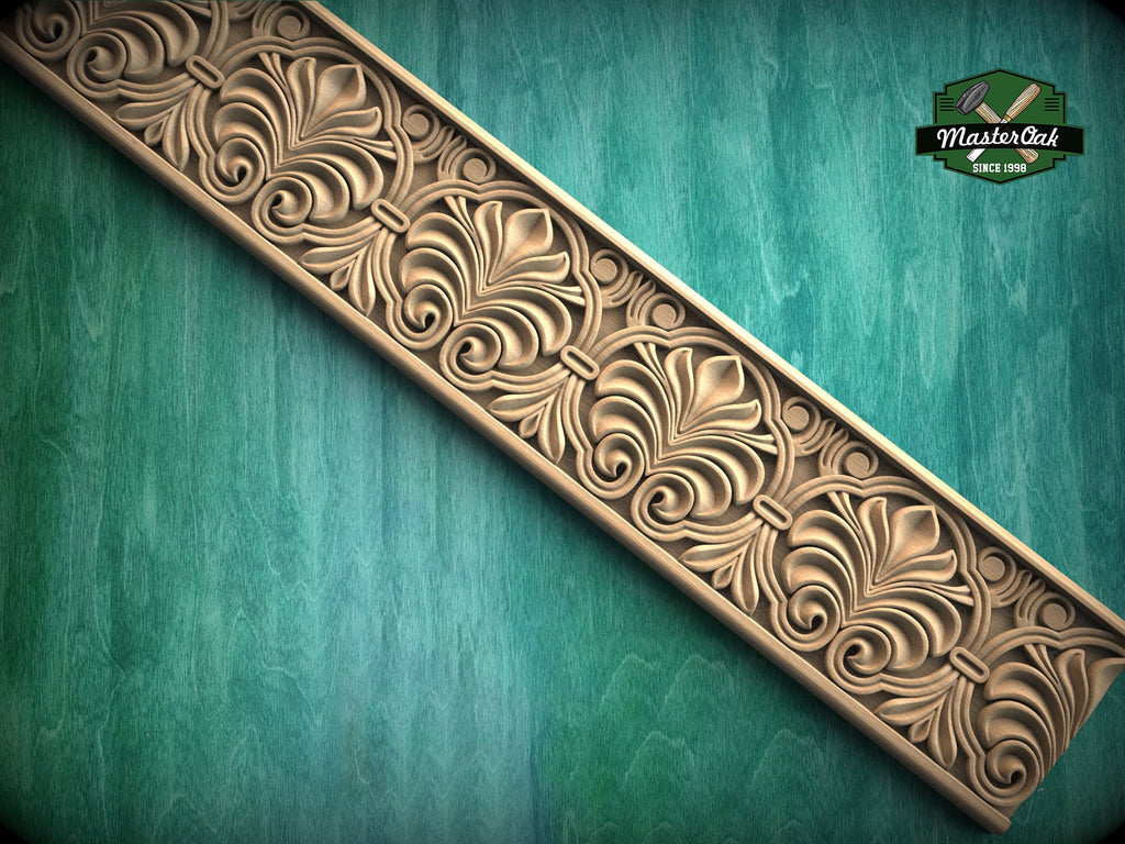 Classic Foliage Frieze Wooden Molding – Symmetrical Carved Design,  40" Intricate Leaf Pattern Wood Molding, 1 pc, Unpainted, Baguette