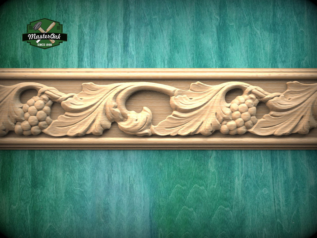 Vineyard Bounty Carved Moulding – Grape and Leaf Pattern,  40" , 1 pc, Unpainted, Ornate Grape Cluster Moulding, Furniture Baguette