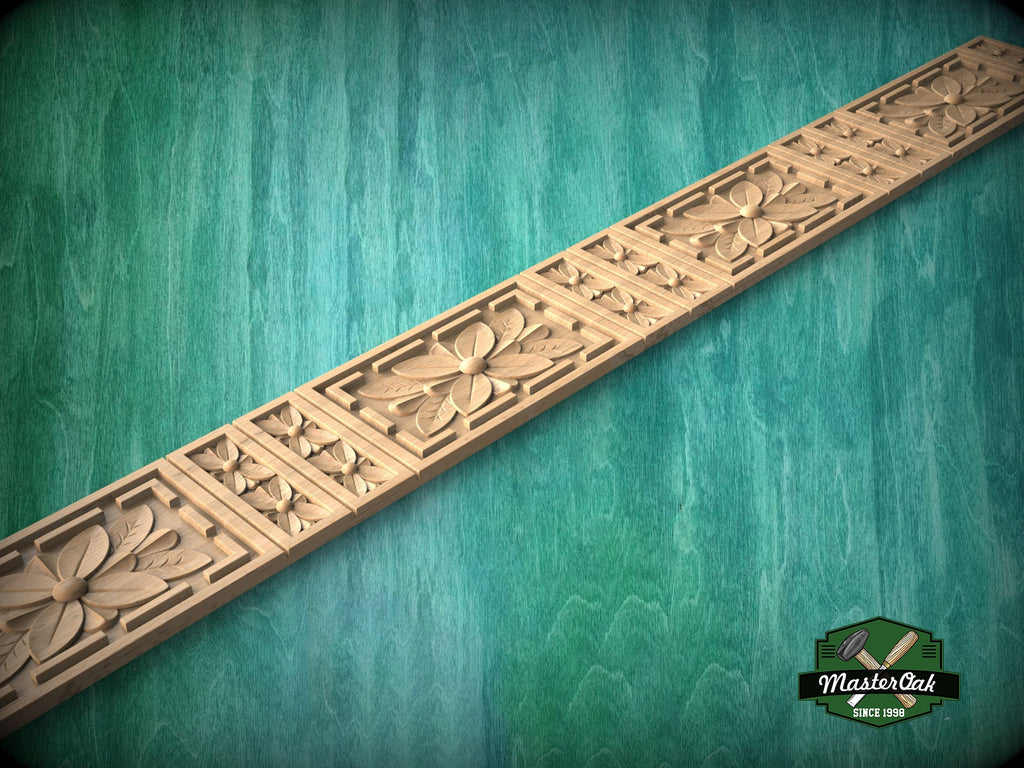 Carved Flower Moulding – Decorative Wooden Rosette Strip, Option 1,  40" , 1 pc, Unpainted, Rectangular Wooden Baguette, Furniture Moulding