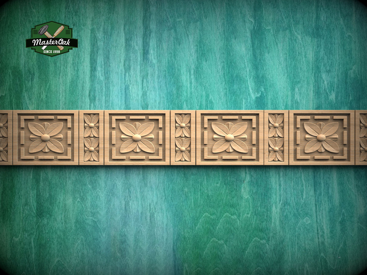 Carved Flower Moulding – Decorative Wooden Rosette Strip, Option 2,  40" , 1 pc, Unpainted, Rectangular Wooden Baguette, Furniture Moulding