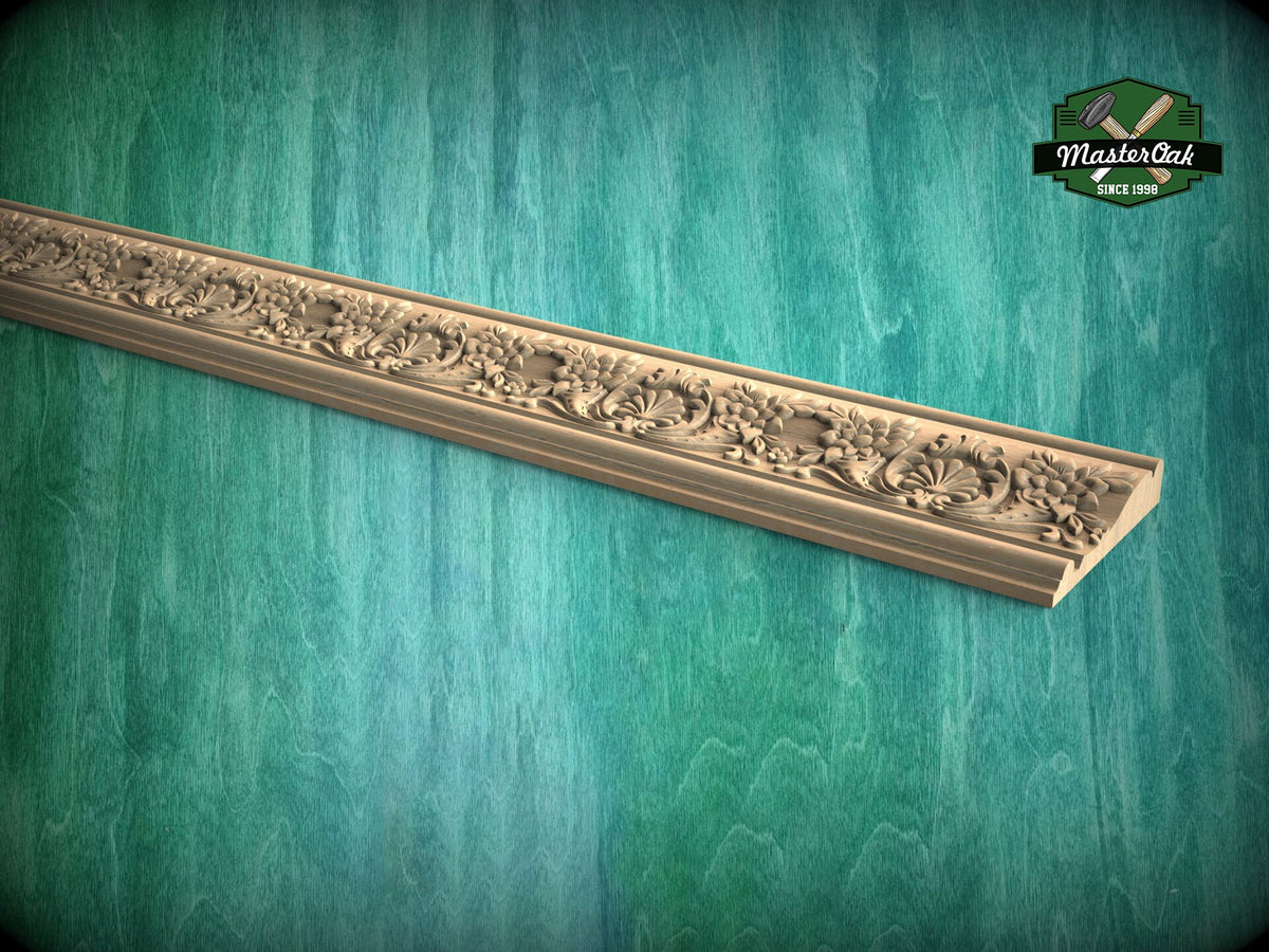 Renaissance Floral Wood Carved Molding – Artistic Elegance, 40" , 1 pc, Unpainted, Symmetrical Flower Scrollwork , Furniture Baguette