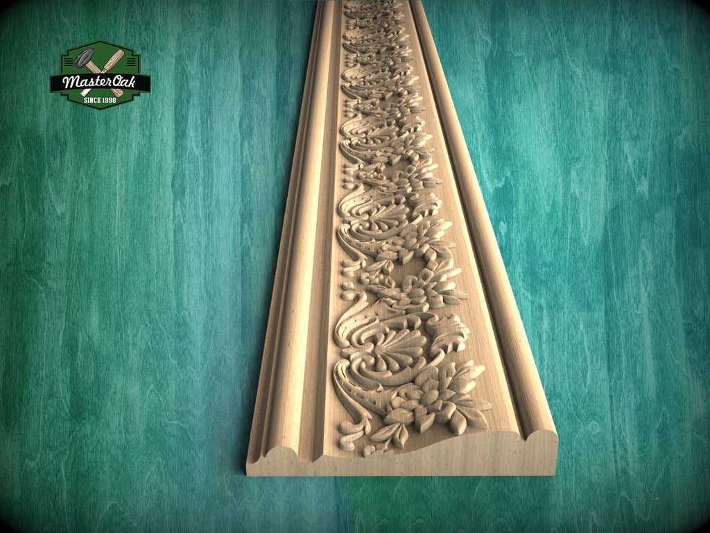 Renaissance Floral Wood Carved Molding – Artistic Elegance, 40" , 1 pc, Unpainted, Symmetrical Flower Scrollwork , Furniture Baguette
