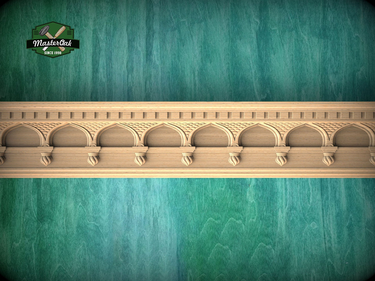 Architectural Carved Neo Gothic Tracery Cornice - Classical Crown Molding, 40", 1 pc, Unpainted, Carved Baguette, Gothic Style Molding