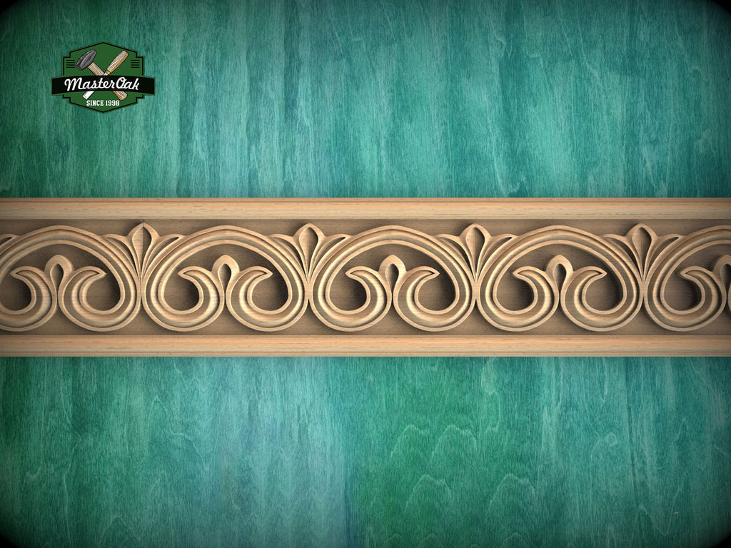 Artistic Carved Wood Moulding with Unique Swirl Motifs,  40" Decorative wooden moulding for cornices and friezes, 1 pc, Unpainted, Baguette