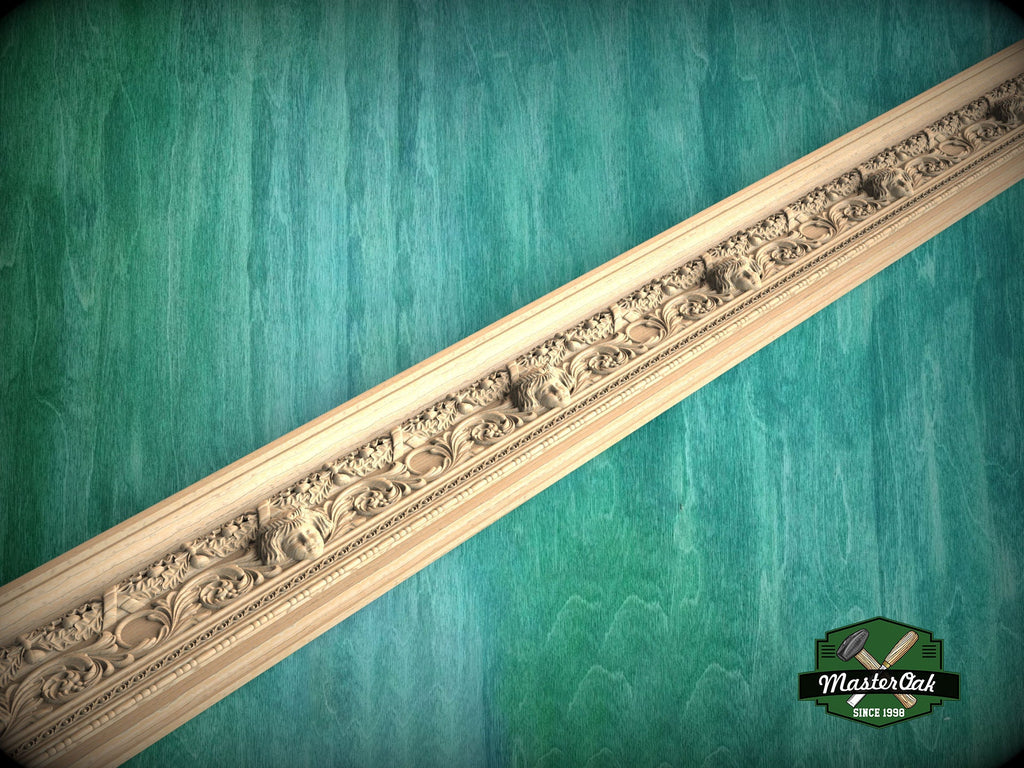 Carved Wooden Molding with Mask and Oak Leaf Pattern – Classic Interior Element, 40" Elegant Wood Detail, 1 pc, Unpainted, Carved Moulding