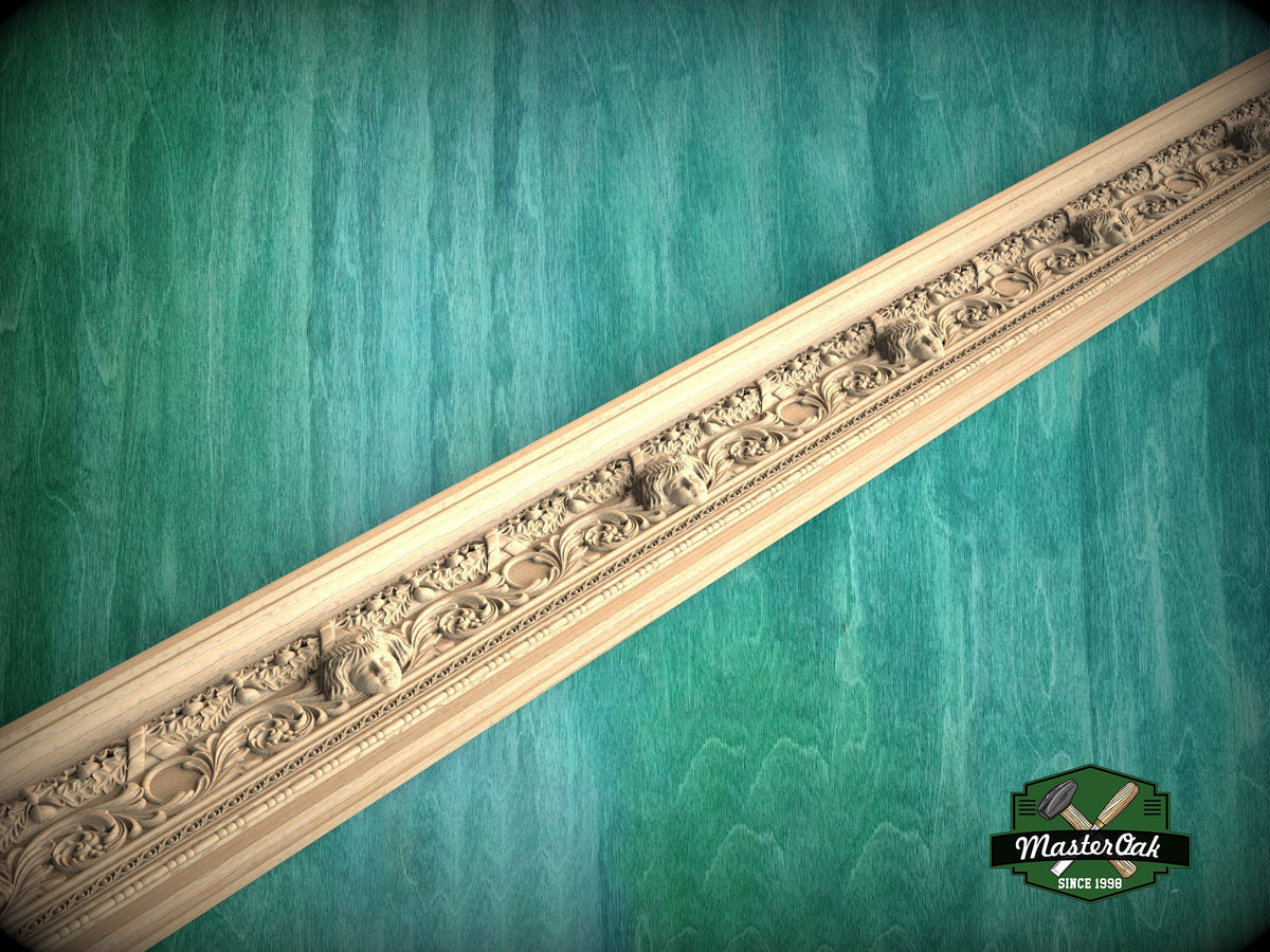 Carved Wooden Molding with Mask and Oak Leaf Pattern – Classic Interior Element, 40" Elegant Wood Detail, 1 pc, Unpainted, Carved Moulding