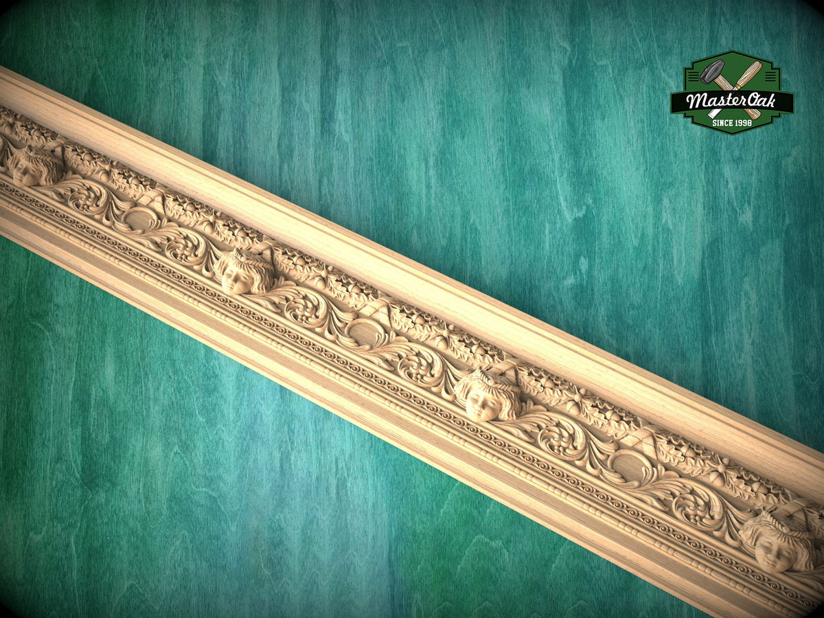 Carved Wooden Molding with Mask and Oak Leaf Pattern – Classic Interior Element, 40" Elegant Wood Detail, 1 pc, Unpainted, Carved Moulding