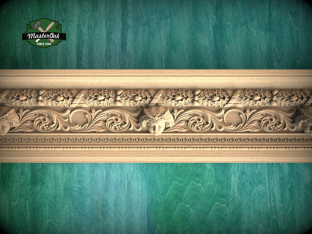 Carved Wooden Molding with Mask and Oak Leaf Pattern – Classic Interior Element, 40" Elegant Wood Detail, 1 pc, Unpainted, Carved Moulding