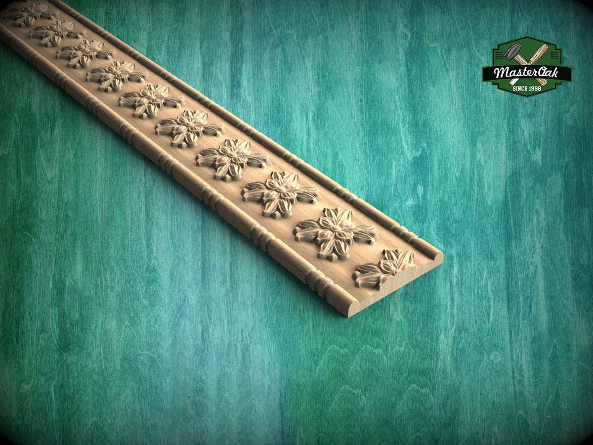 Carved Floral Moulding with Bead Accents – Artisanal Woodwork,  40" , 1 pc, Unpainted, Decorative Beaded Detail Trim, Furniture Moulding