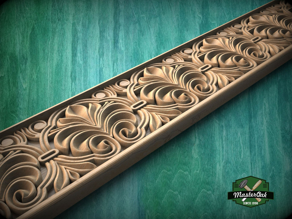 Classic Foliage Frieze Wooden Molding – Symmetrical Carved Design,  40" Intricate Leaf Pattern Wood Molding, 1 pc, Unpainted, Baguette