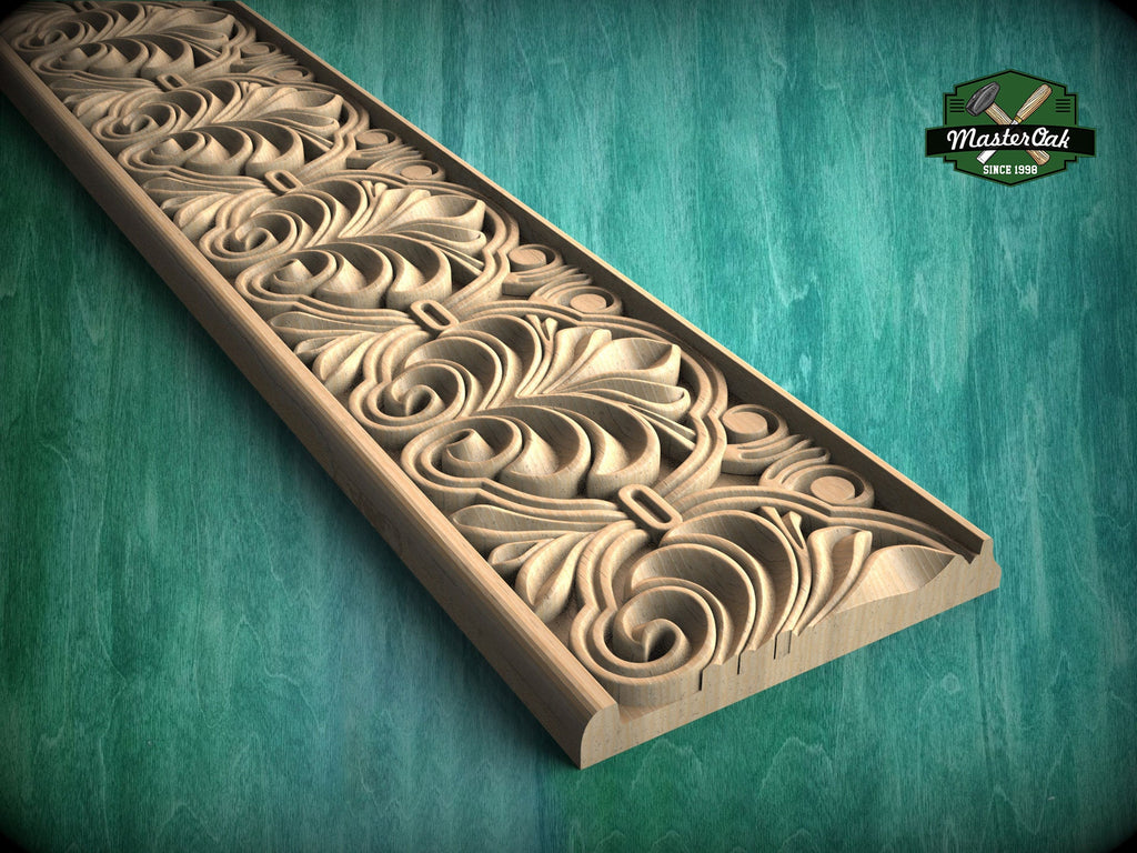 Classic Foliage Frieze Wooden Molding – Symmetrical Carved Design,  40" Intricate Leaf Pattern Wood Molding, 1 pc, Unpainted, Baguette