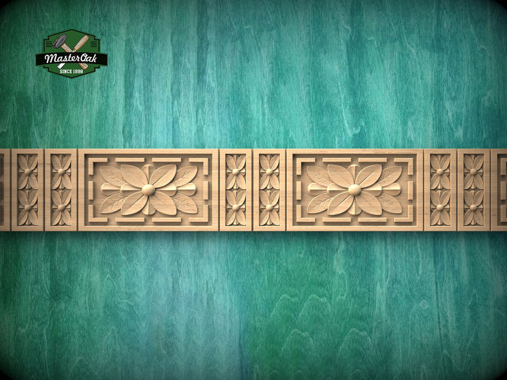 Carved Flower Moulding – Decorative Wooden Rosette Strip, Option 1,  40" , 1 pc, Unpainted, Rectangular Wooden Baguette, Furniture Moulding