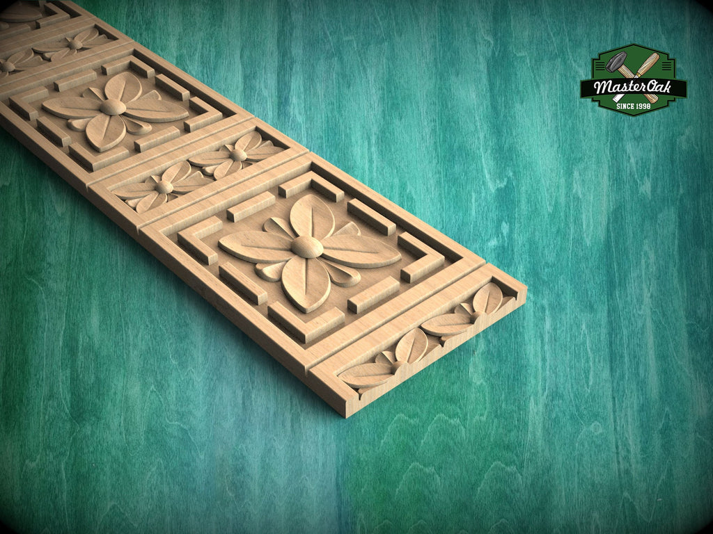 Carved Flower Moulding – Decorative Wooden Rosette Strip, Option 2,  40" , 1 pc, Unpainted, Rectangular Wooden Baguette, Furniture Moulding