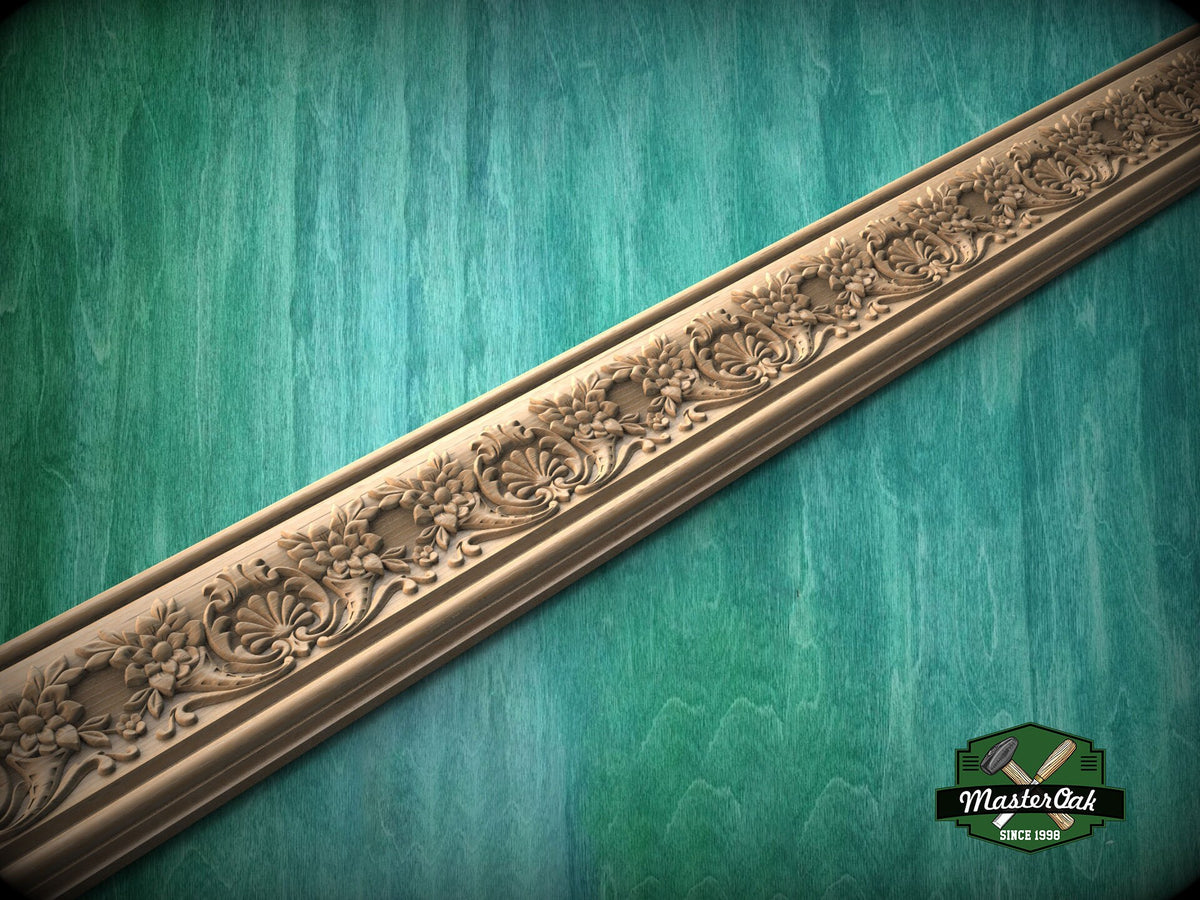 Renaissance Floral Wood Carved Molding – Artistic Elegance, 40" , 1 pc, Unpainted, Symmetrical Flower Scrollwork , Furniture Baguette