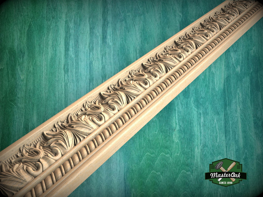 Revival Carved Wood Moulding with Fleur-de-Lis Accent, 40" Elegant Wood Detail, 1 pc, Unpainted, Carved Moulding