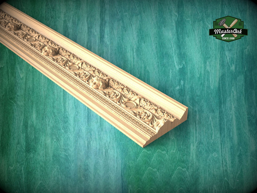 Carved Wooden Molding with Mask and Oak Leaf Pattern – Classic Interior Element, 40" Elegant Wood Detail, 1 pc, Unpainted, Carved Moulding