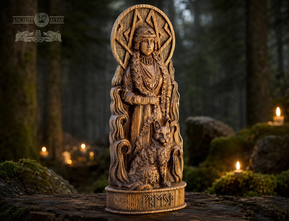 Oak Freya Statue: Norse Goddess Figurine, Viking Altar Decor