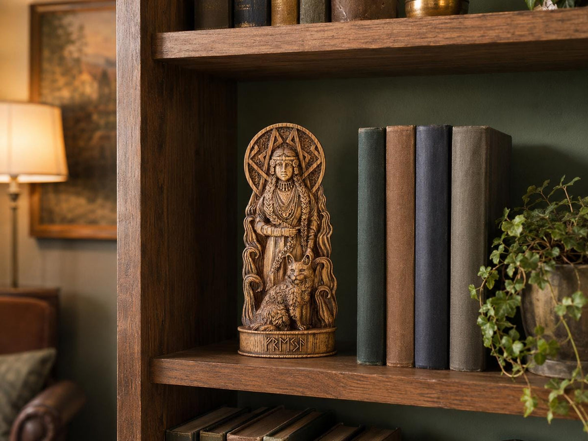 Oak Freya Statue: Norse Goddess Figurine, Viking Altar Decor