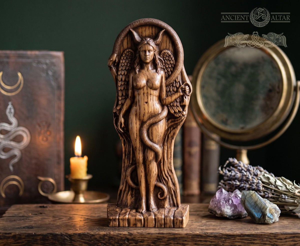 Oak Lilith Statue – Dark Goddess Figurine, Feminine Power Altar