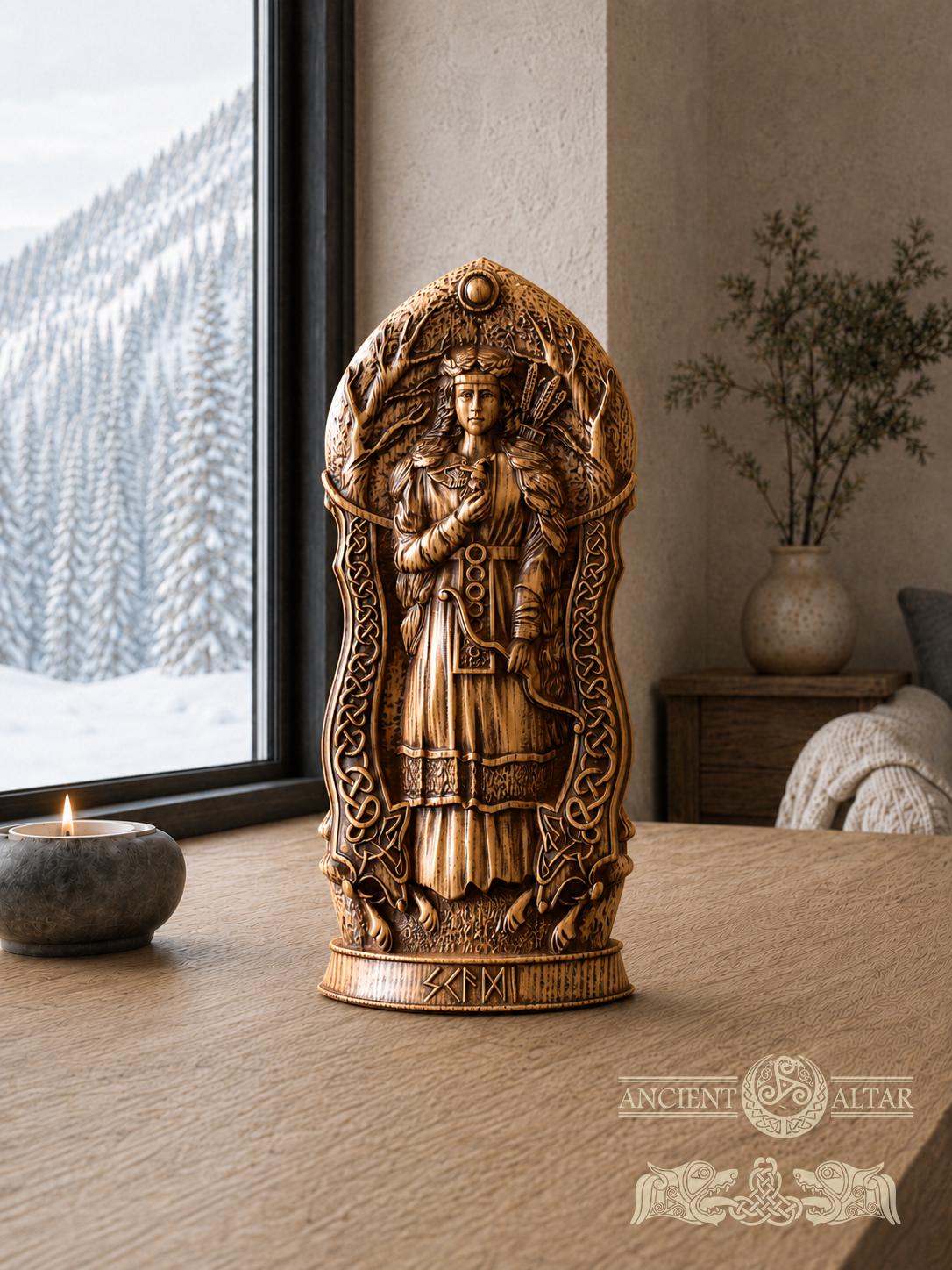 Skadi Statue – Oak Figurine of Norse Goddess of Winter, Mountains and Hunting – Pagan Altar Decor, Nordic Goddess of Independence