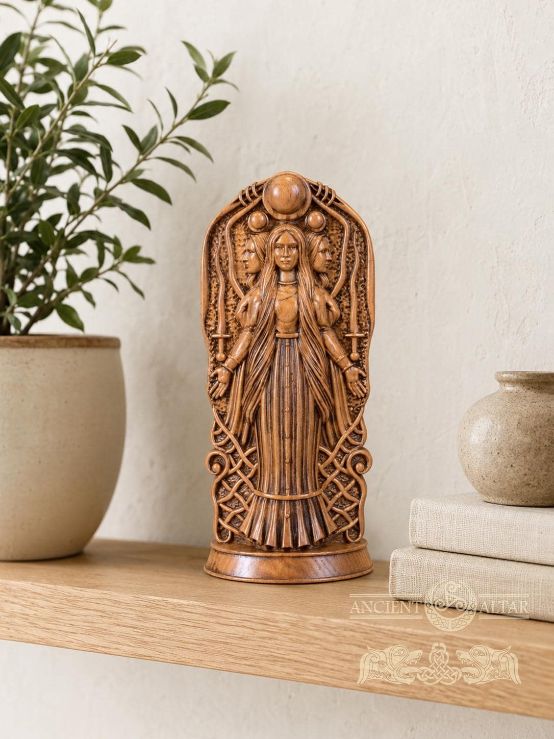 Oak Hecate Statue: Greek Goddess Figurine, Pagan Altar Decor