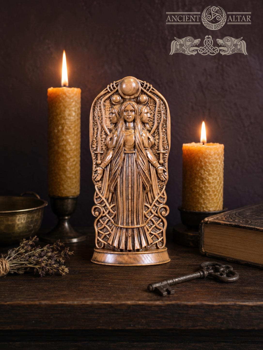 Oak Hecate Statue: Greek Goddess Figurine, Pagan Altar Decor