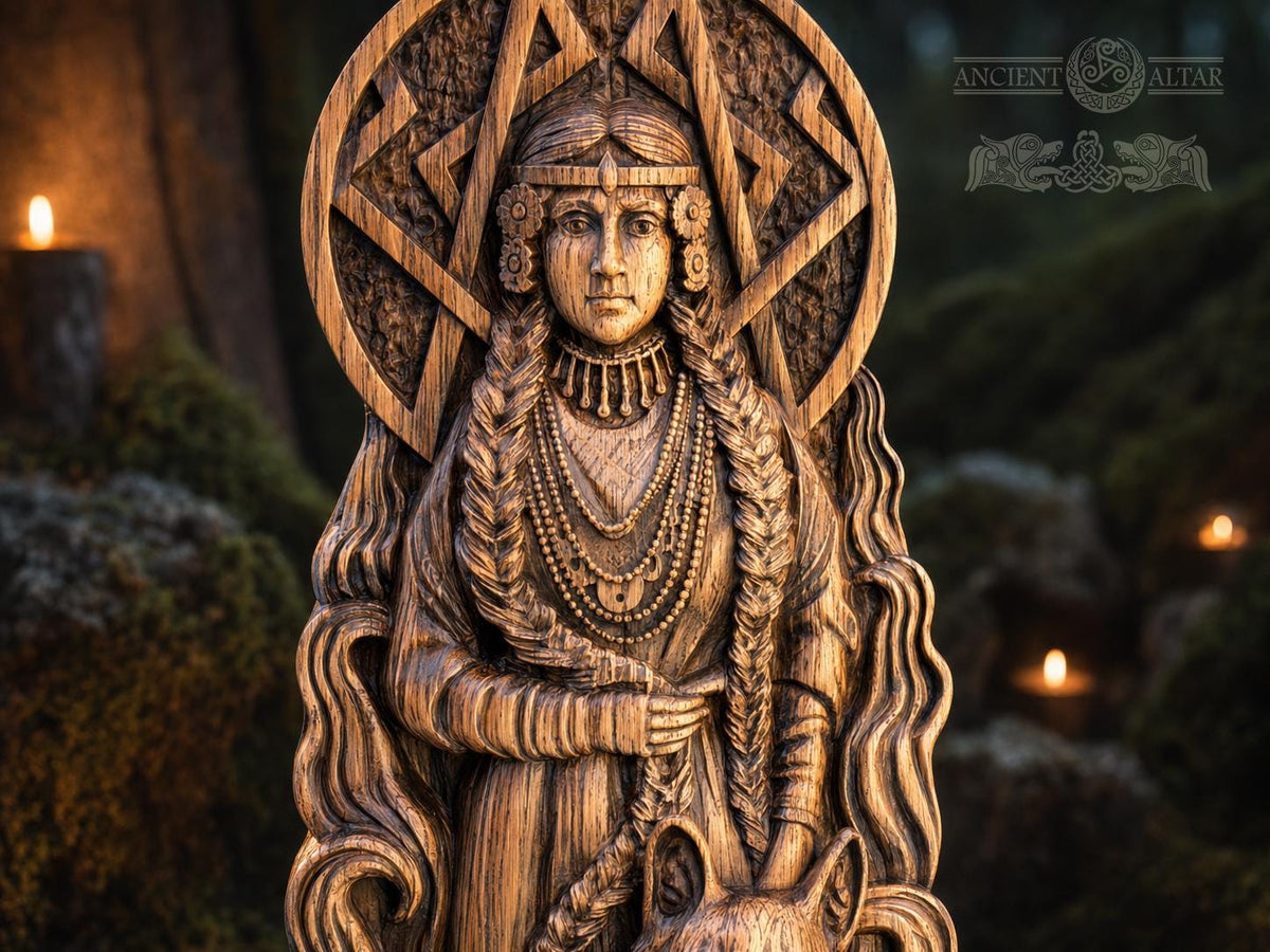 Oak Freya Statue: Norse Goddess Figurine, Viking Altar Decor
