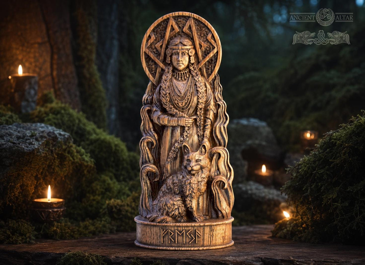 Oak Freya Statue: Norse Goddess Figurine, Viking Altar Decor