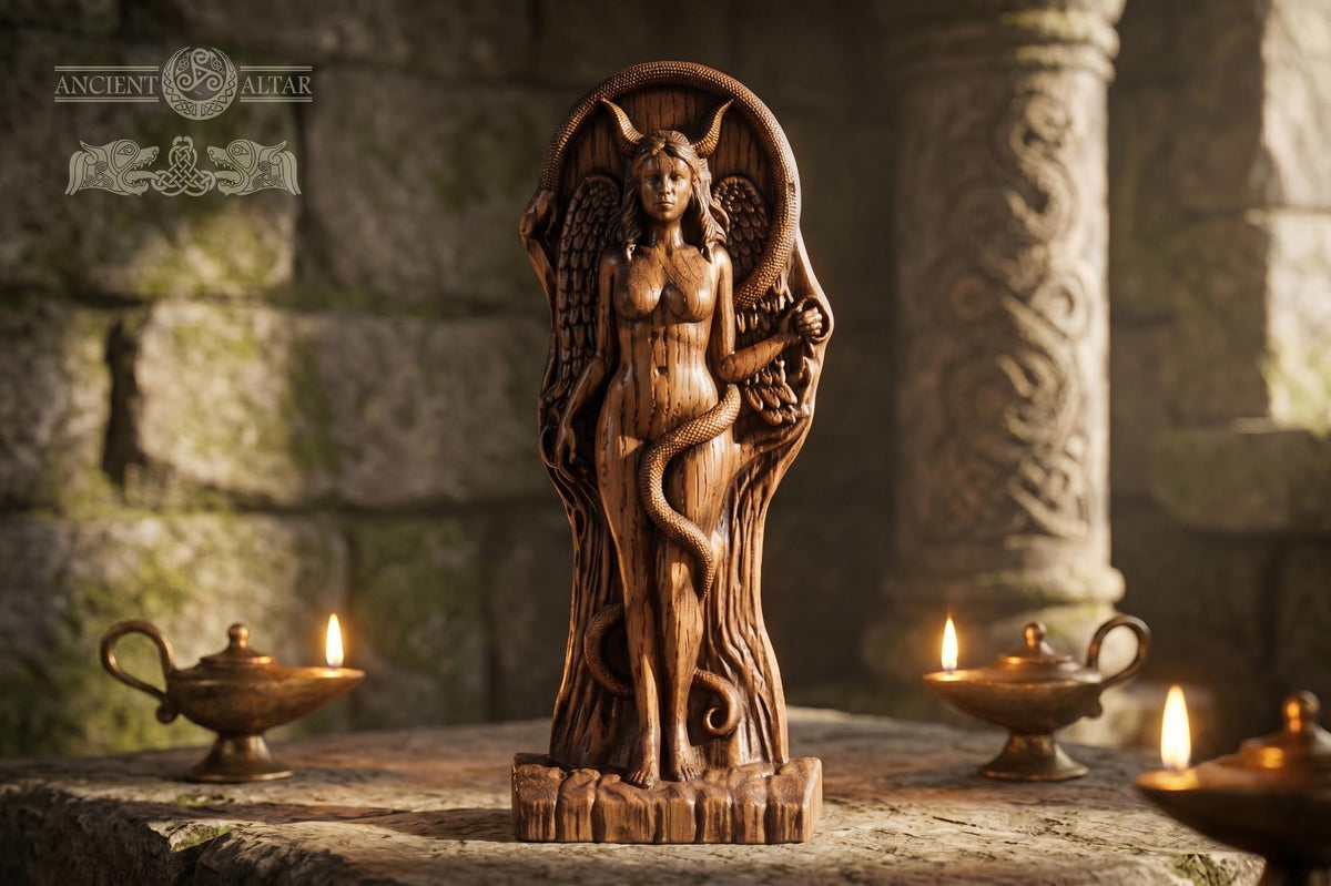 Oak Lilith Statue – Dark Goddess Figurine, Feminine Power Altar