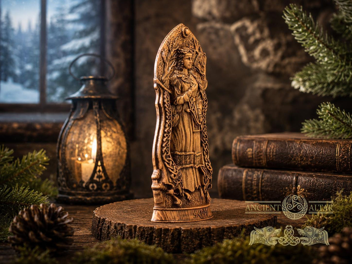 Skadi Statue – Oak Figurine of Norse Goddess of Winter, Mountains and Hunting – Pagan Altar Decor, Nordic Goddess of Independence