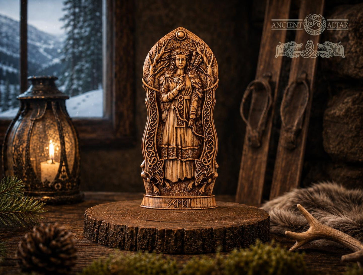 Skadi Statue – Oak Figurine of Norse Goddess of Winter, Mountains and Hunting – Pagan Altar Decor, Nordic Goddess of Independence