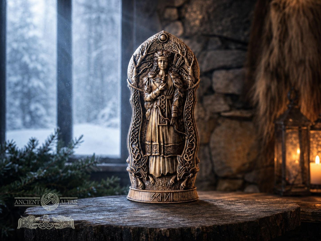 Skadi Statue – Oak Figurine of Norse Goddess of Winter, Mountains and Hunting – Pagan Altar Decor, Nordic Goddess of Independence