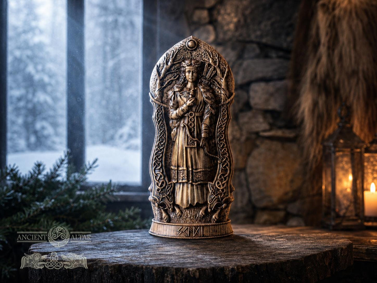 Skadi Statue – Oak Figurine of Norse Goddess of Winter, Mountains and Hunting – Pagan Altar Decor, Nordic Goddess of Independence
