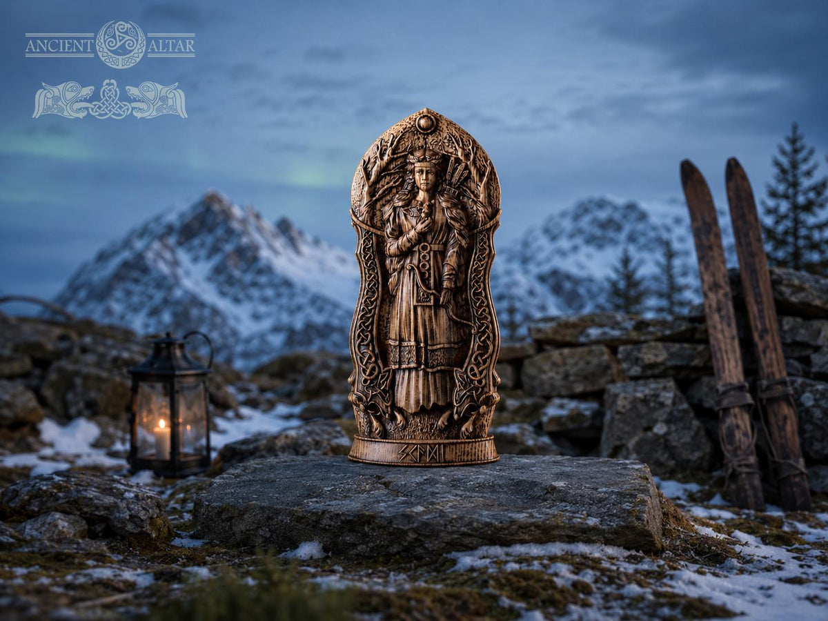 Skadi Statue – Oak Figurine of Norse Goddess of Winter, Mountains and Hunting – Pagan Altar Decor, Nordic Goddess of Independence