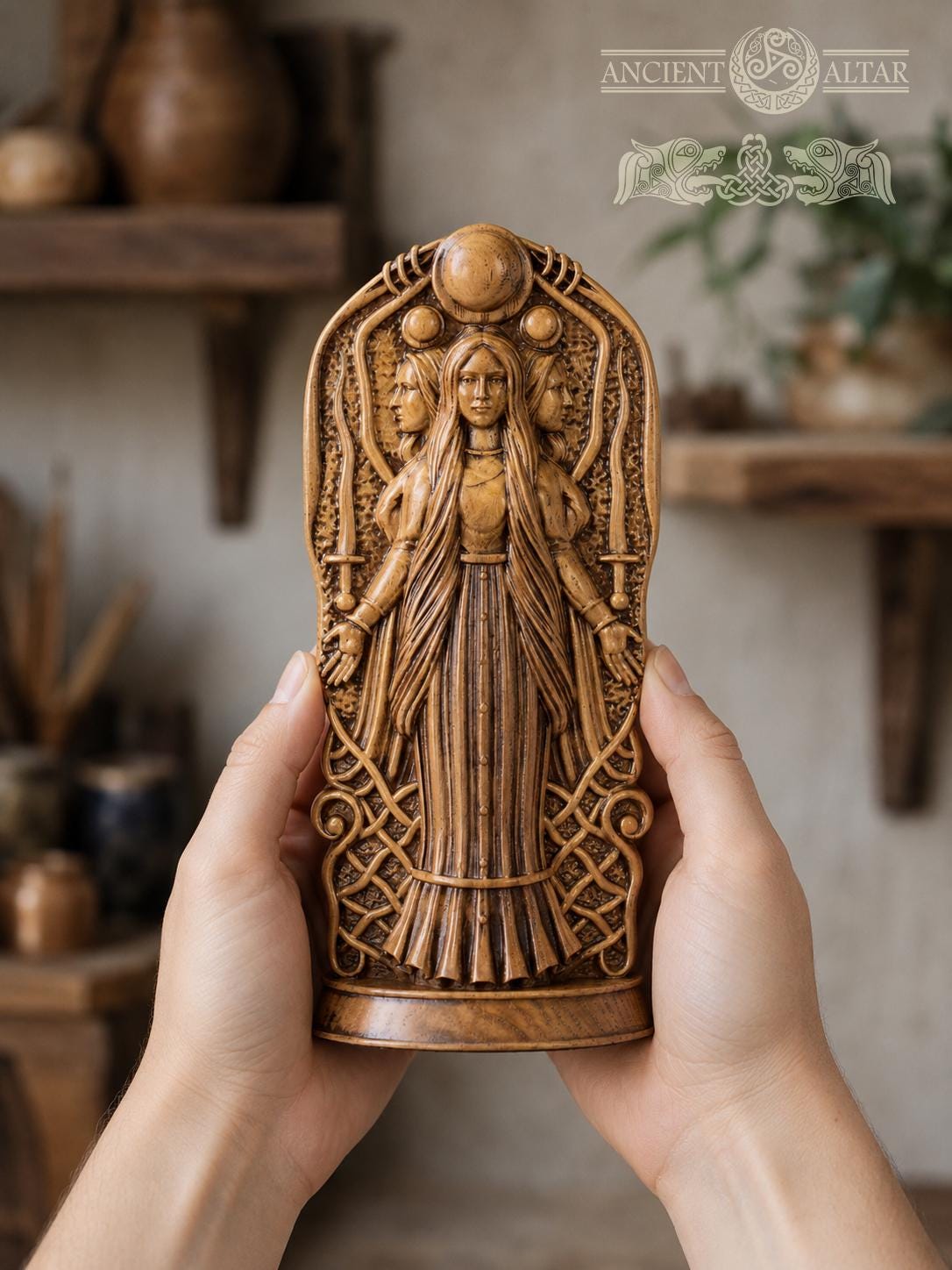 Oak Hecate Statue: Greek Goddess Figurine, Pagan Altar Decor