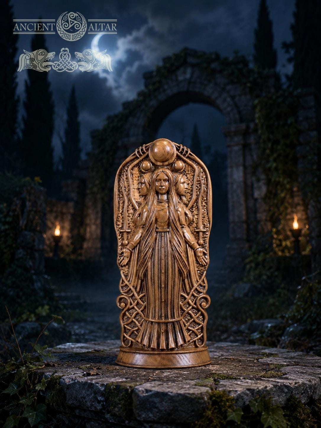 Oak Hecate Statue: Greek Goddess Figurine, Pagan Altar Decor