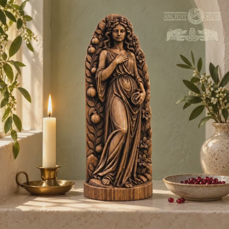 Persephone Goddess Statue, Wooden Queen of the Underworld Figurine, Pomegranate Altar Decor, Greek Mythology Gift