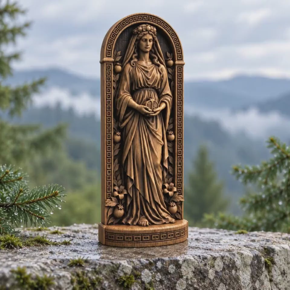 Persephone Wooden Statue, Greek Goddess Figurine with Pomegranate, Queen of the Underworld, Pagan Altar Decor, Mythology Gift
