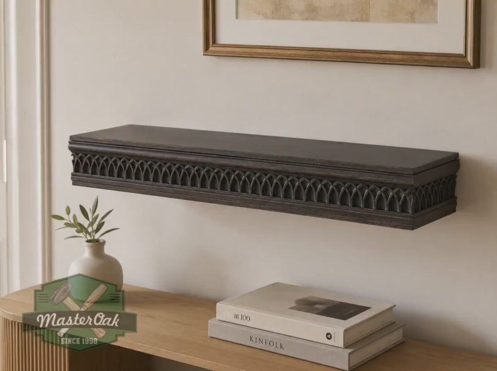 Carved Solid Oak Wall Shelf with Gothic Arch Pattern, Floating Display Shelf, Medieval and Dark Academia Home Decor