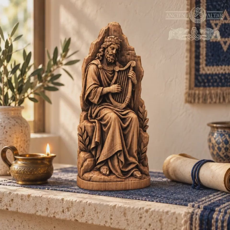 King David Playing Harp Statue, Solid Oak Biblical Sculpture, Seated Musician Figurine, Judaica Home Decor, Religious Gift