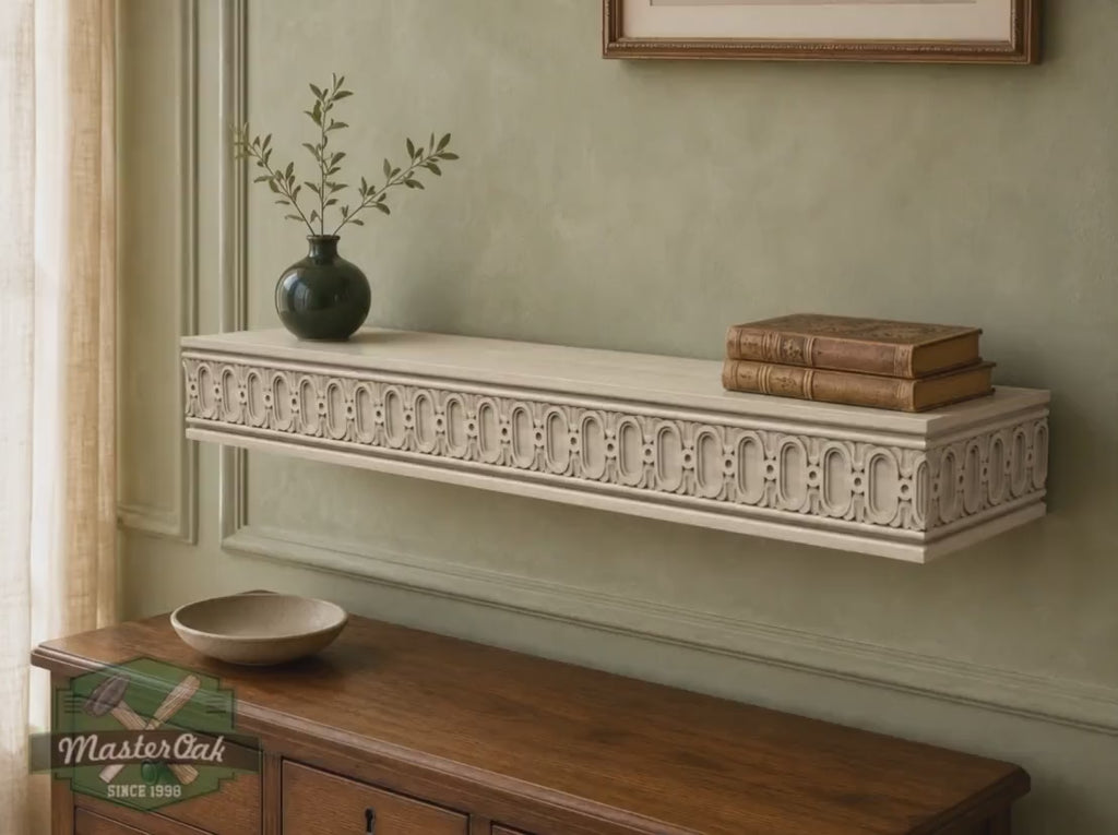 Carved Solid Oak Wall Shelf with Arched Pattern, Ornate Floating Shelf, Decorative Wood Display Shelf, Classical Home Decor