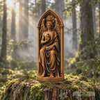 Lucifer Statue with Book and Flame, Solid Oak Fallen Angel Sculpture, Gothic Arch Altar Decor, Morning Star Figurine