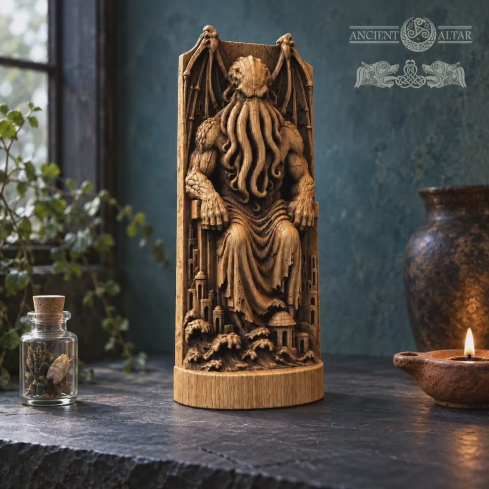Cthulhu Throne Statue, Wooden Lovecraftian Monster Figurine, R’lyeh Cosmic Horror Decor, Gothic Altar Sculpture, Dark Fantasy Gift