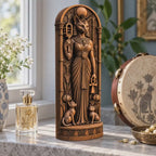 Bastet Statue with Kittens, Egyptian Cat Goddess Figurine, Wooden Altar Decor, Ancient Egypt Deity Sculpture, Pagan Gift