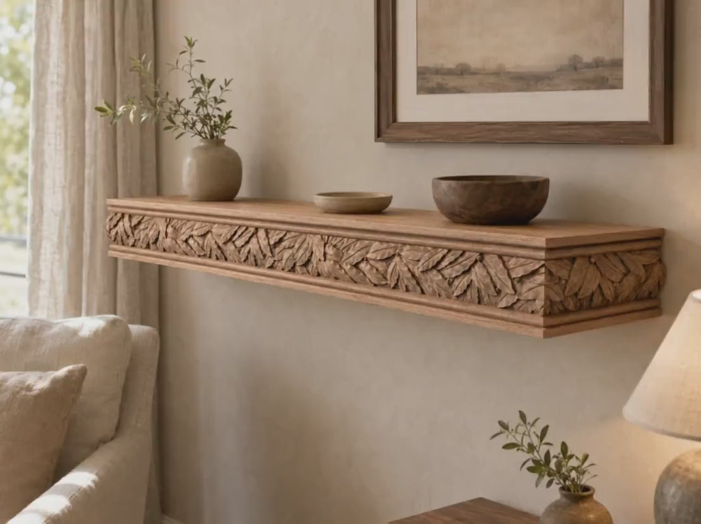 Carved Solid Oak Wall Shelf with Acanthus Leaves, Ornate Floating Shelf, Botanical Wood Display Shelf, Classical Home Decor