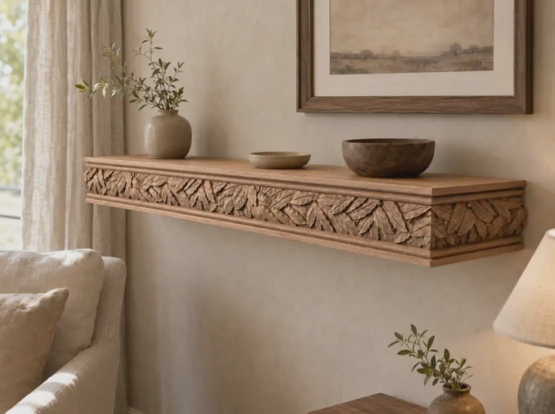 Carved Solid Oak Wall Shelf with Acanthus Leaves, Ornate Floating Shelf, Botanical Wood Display Shelf, Classical Home Decor