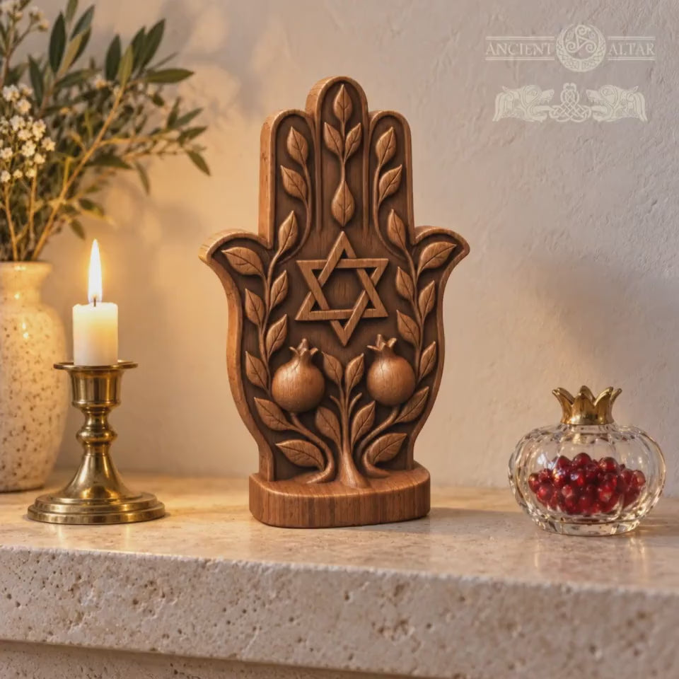 Hamsa Hand with Star of David, Solid Oak Sculpture with Pomegranates, Jewish Home Decor, Judaica Wedding and Housewarming Gift