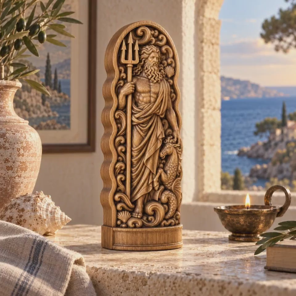 Neptune Wooden Statue, Roman Sea God Figurine, Poseidon Sculpture with Trident, Pagan Altar Decor, Ancient Mythology Gift