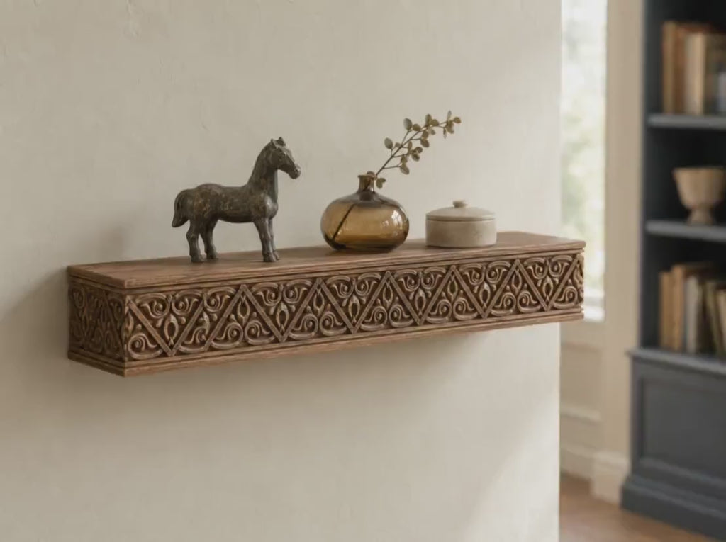 Carved Solid Oak Wall Shelf with Gothic Arch Pattern, Ornate Floating Shelf, Decorative Wood Display Shelf, Medieval Home Decor
