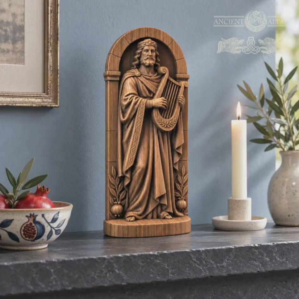 King David with Harp, Oak Wood Statue in Arched Frame, Biblical King Sculpture, Judaica Decor, Gift for Music Lovers